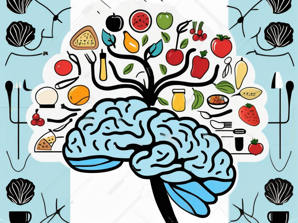 A brain with highlighted areas interconnected with images of healthy foods