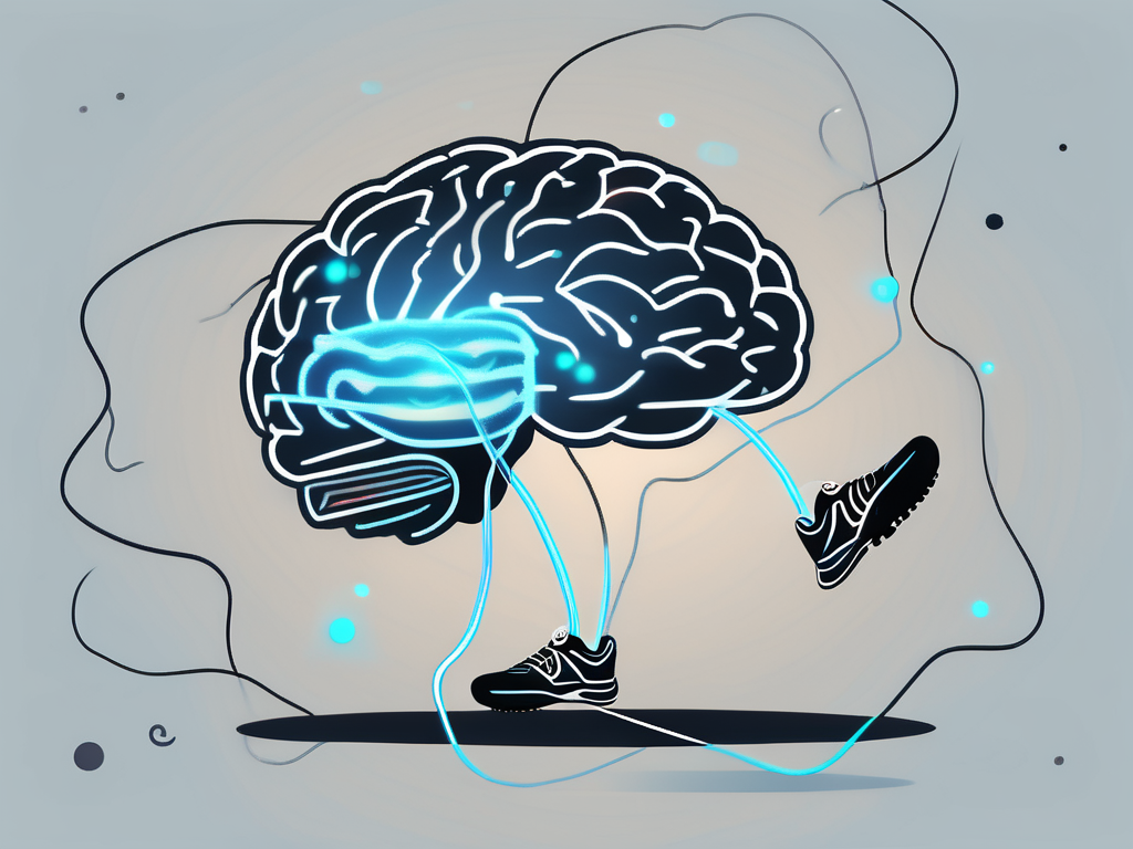 A brain with glowing areas connected to a stylized representation of physical activities like a running shoe