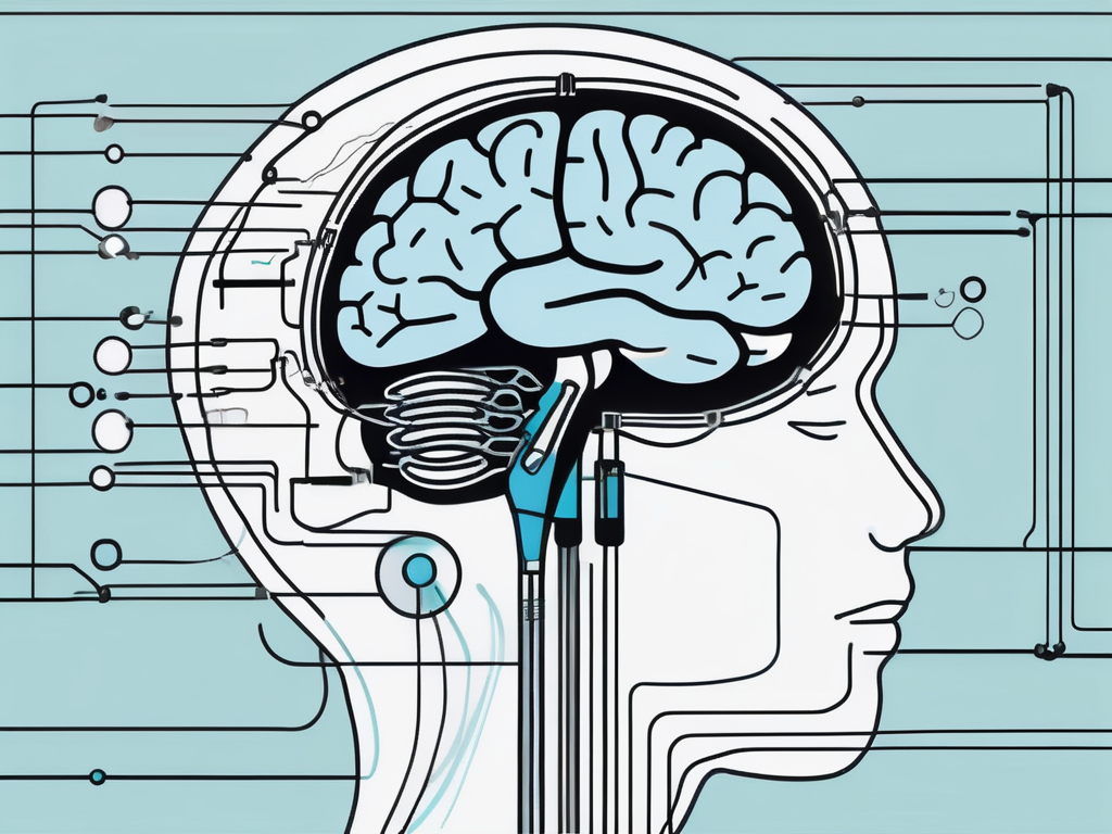 A brain with highlighted areas and dotted lines indicating the process of deep brain stimulation surgery