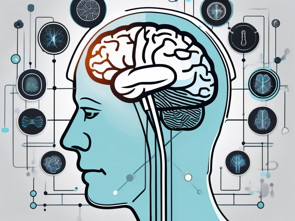 A brain with various sections highlighted and connected to a stylized image of a dbs device