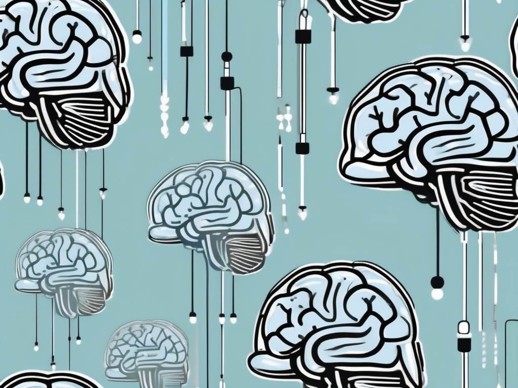 A brain with various points highlighted and electrical impulses symbolically represented