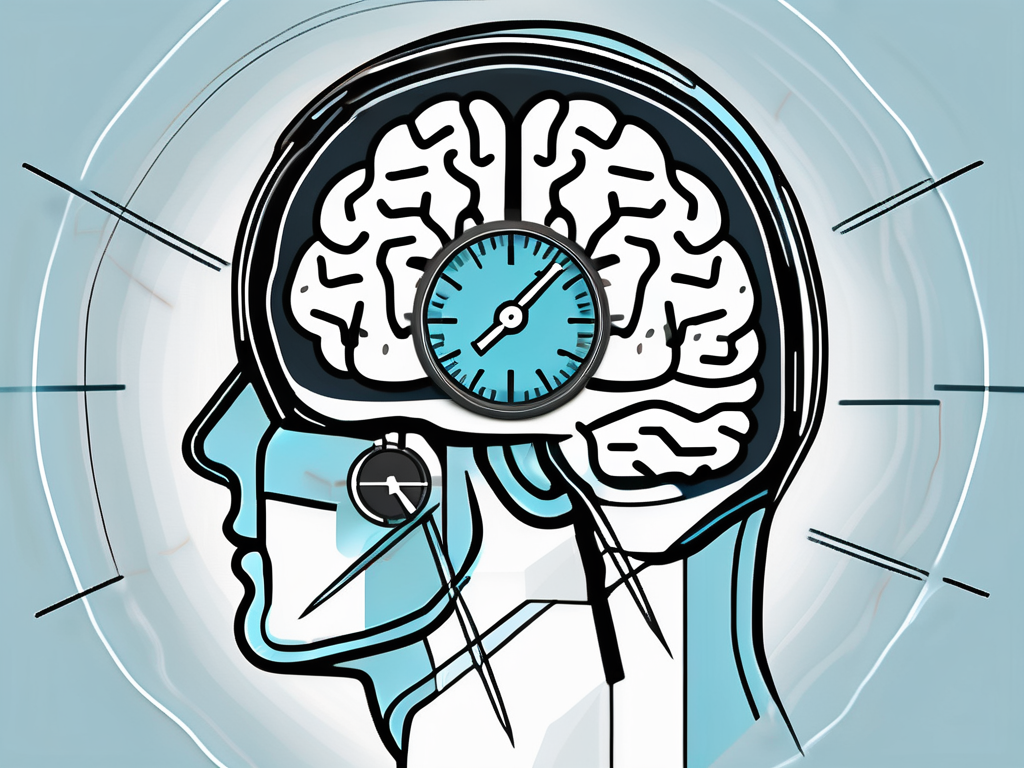 A brain with a highlighted area and a stopwatch to symbolize the duration of deep brain stimulation surgery