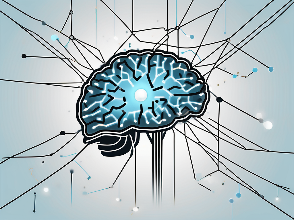 A brain with various points highlighted and connected by electrical pulses