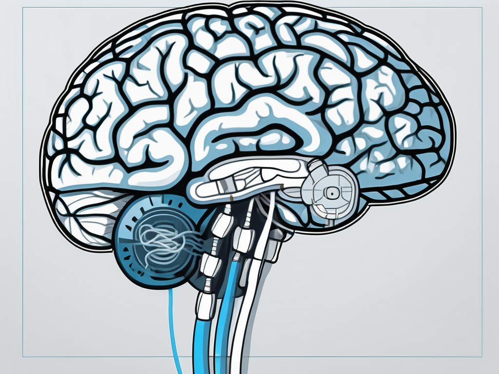 A cross-sectional view of a human brain with a cable running under the skin