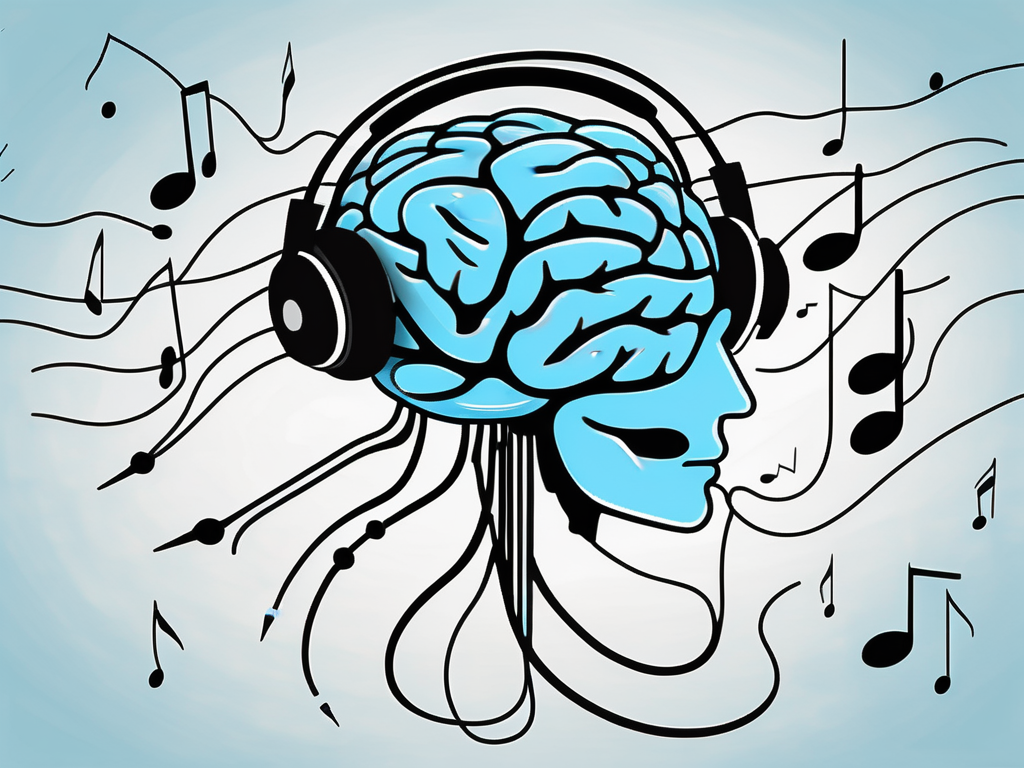 A brain wearing headphones with musical notes and lightning symbols emanating from it