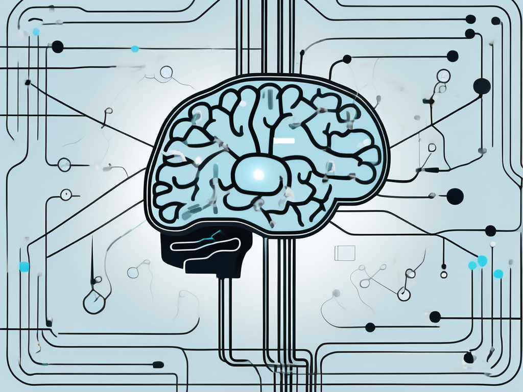 A brain with various highlighted areas connected to a stylized