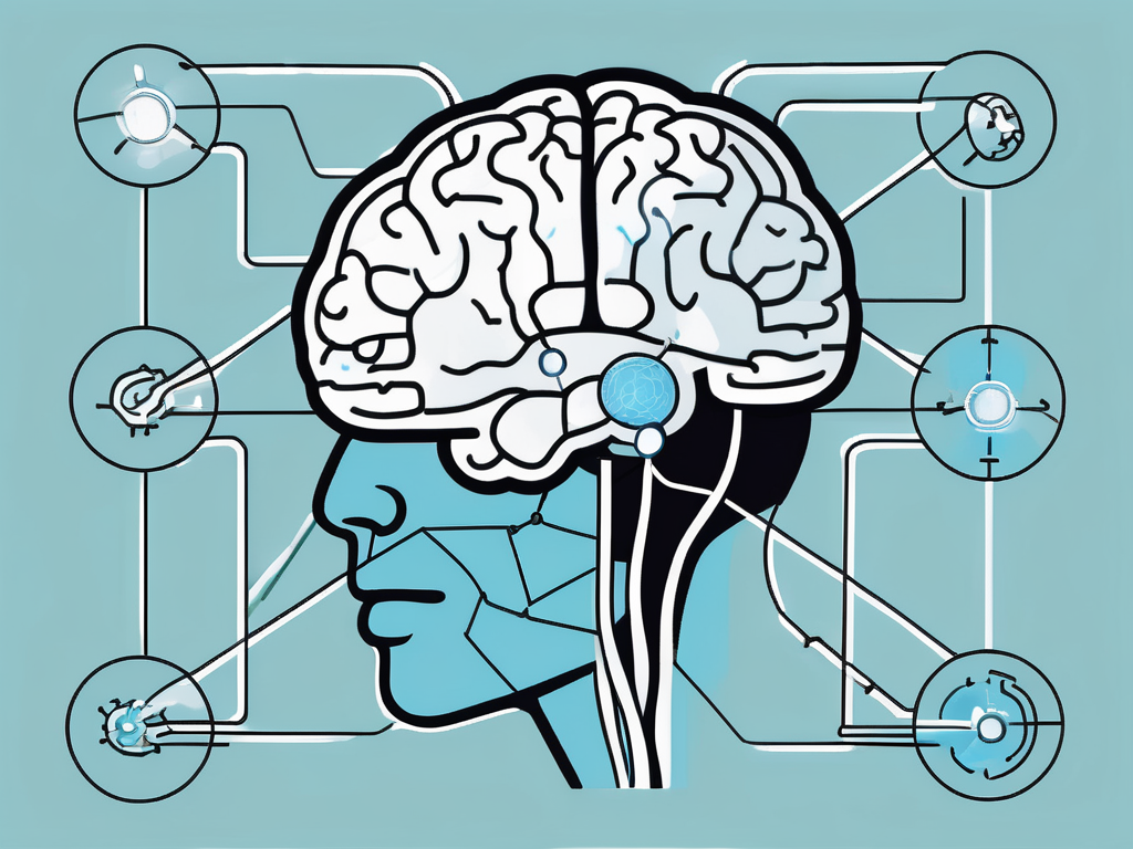 A brain with highlighted areas representing deep brain stimulation