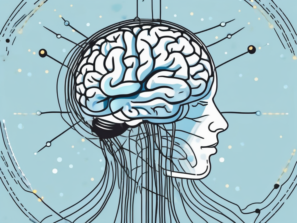 A brain with various points highlighted and electrical impulses flowing between them