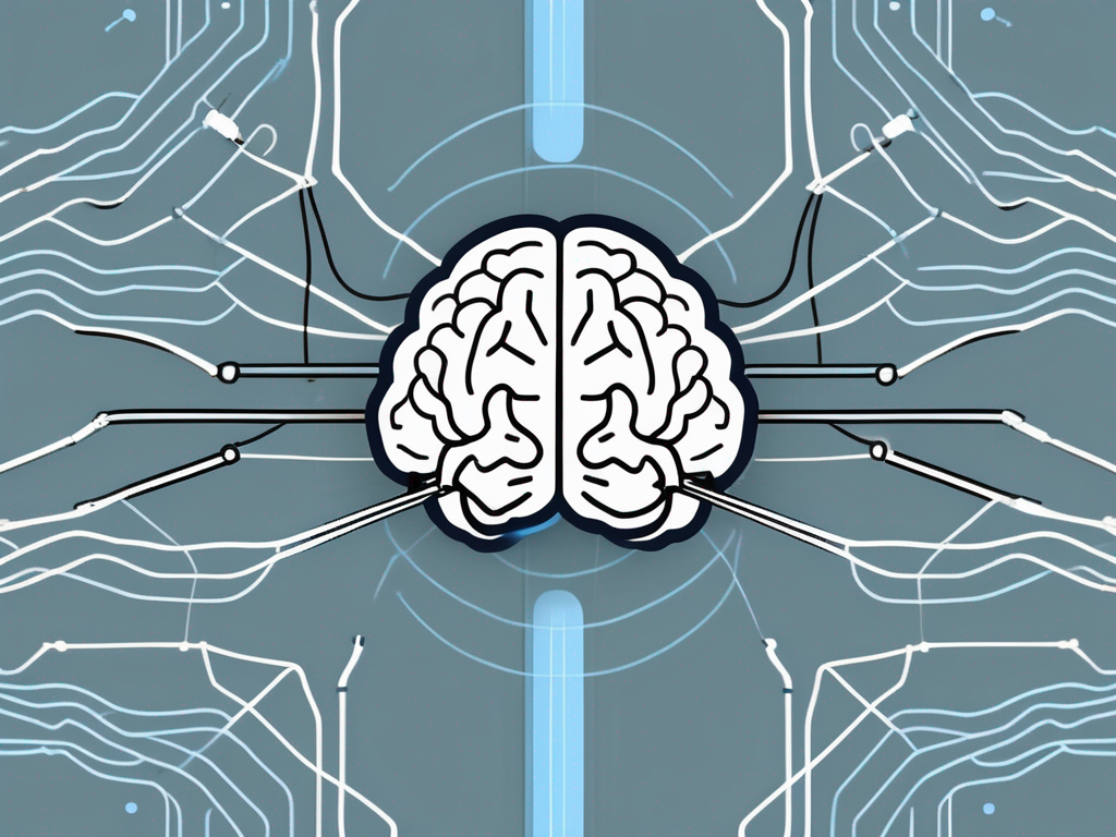 A brain with highlighted areas connected to a stylized electrical pulse