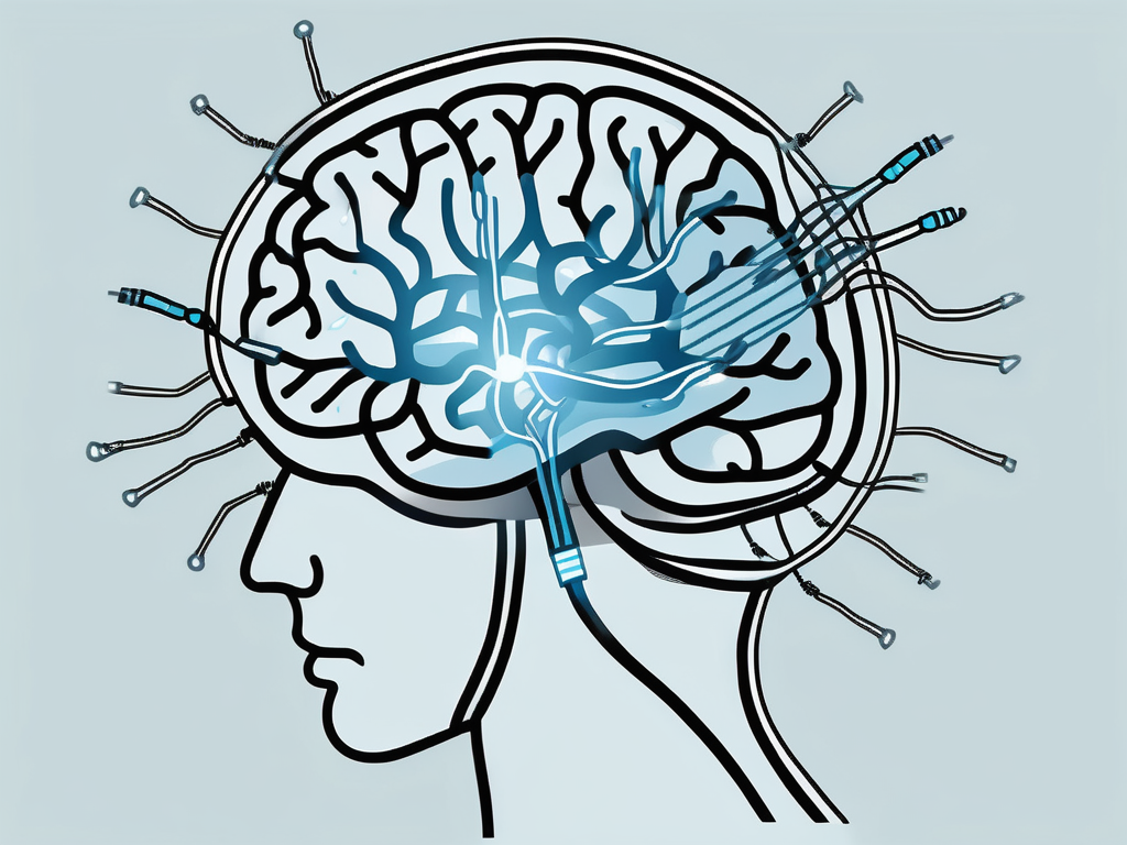 A brain with various neural pathways highlighted and a small device sending out signals