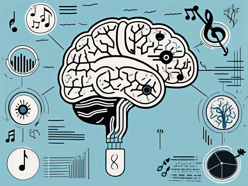 A human brain with different areas highlighted and connected to various symbols representing stimuli such as music notes