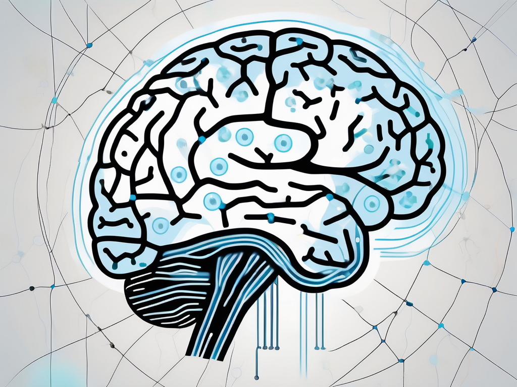 A detailed human brain with various areas highlighted and connected by electrical pulses