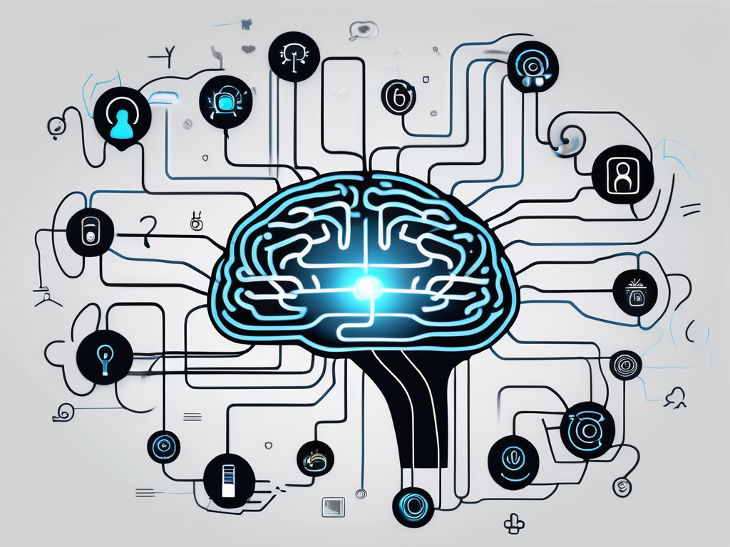 A brain connected to various social media icons via glowing lines