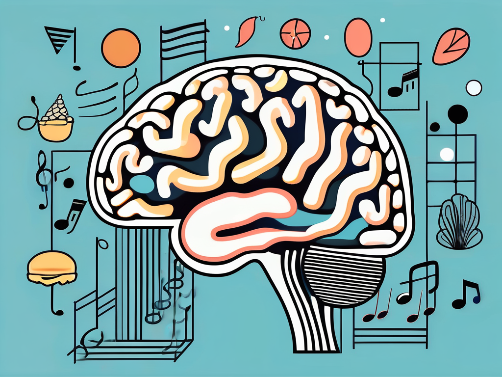 A brain surrounded by various sensory stimuli such as musical notes