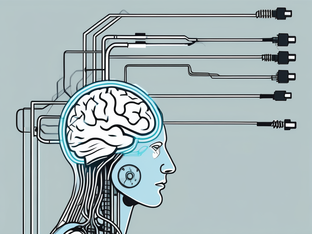 A brain with electrical impulses connecting to a mechanical arm