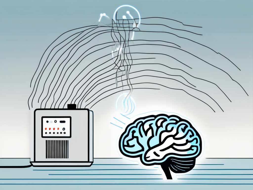 A brain connected to an eeg machine with electric waves showing brain activity