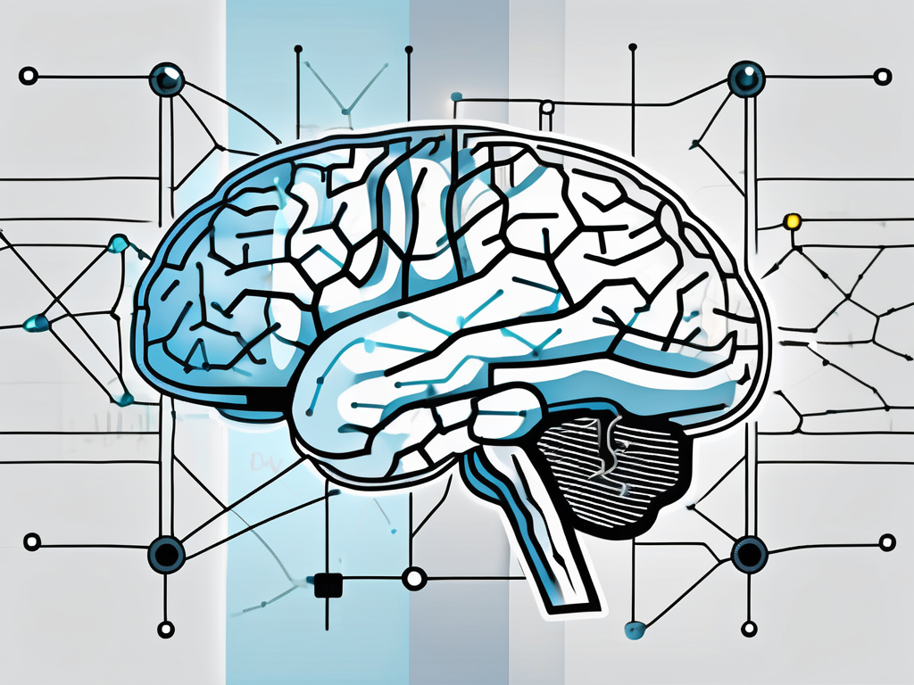 A human brain with different areas highlighted and connected by a network of electrical impulses