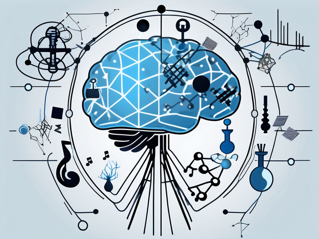 A brain surrounded by various symbols of learning and development like books