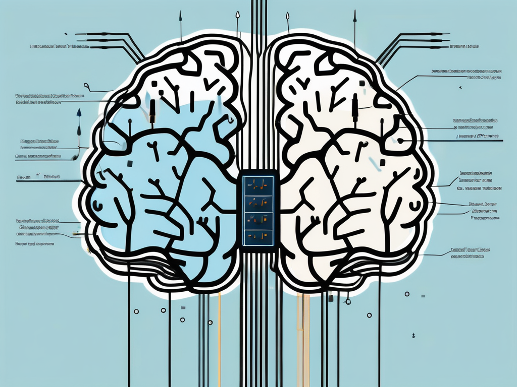 A brain with various areas highlighted and a stylized representation of electrical impulses