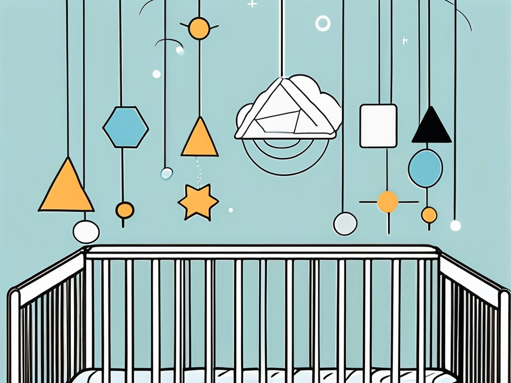 A baby mobile with various colorful and geometric shapes hanging above a crib