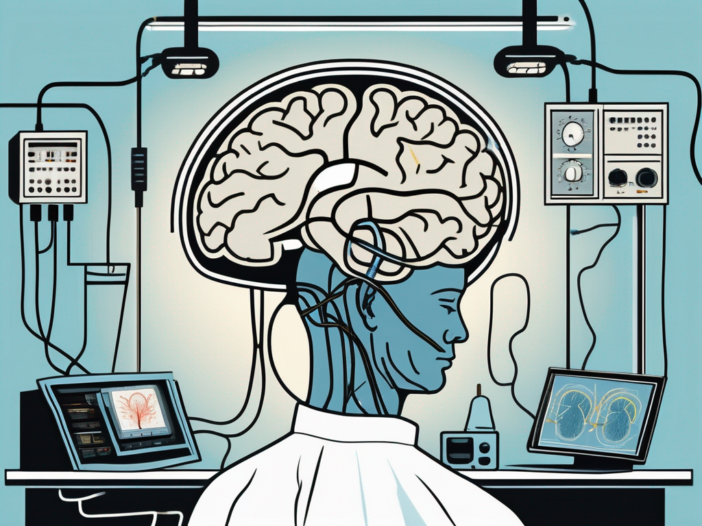 A vintage surgical room with an electrical brain stimulation device connected to a stylized representation of a human brain