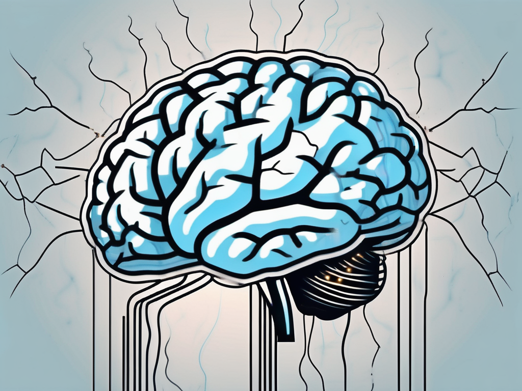 A brain connected to electrodes with sparks of electricity