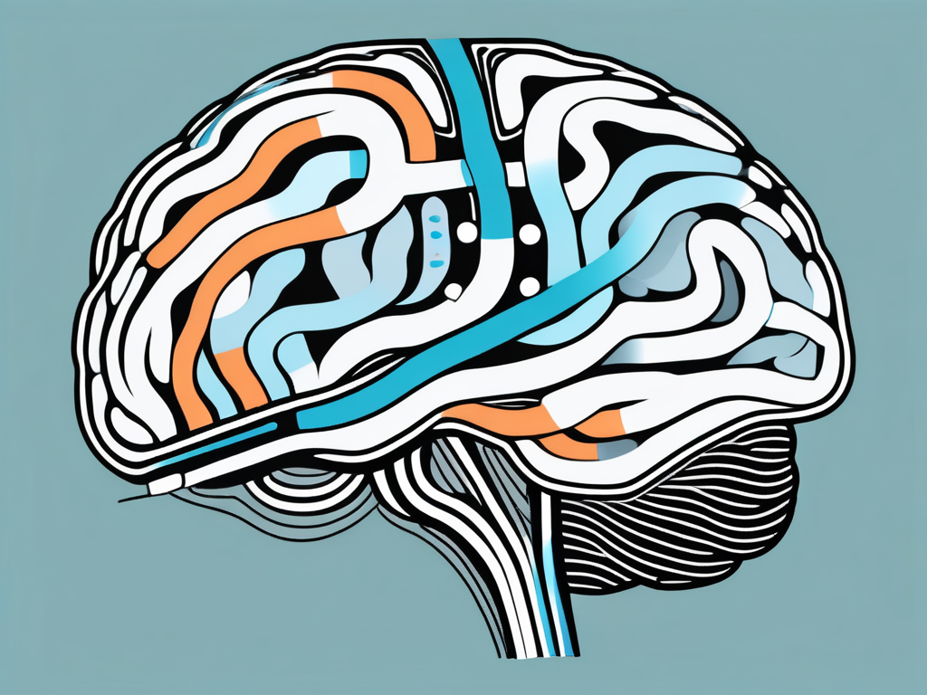 A brain with highlighted regions and pathways