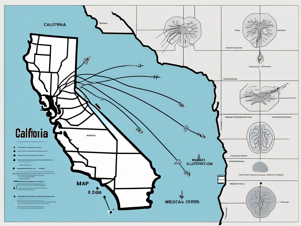 A map of california with highlighted areas indicating major medical centers and a symbolic representation of a brain with small lightning bolts to signify deep brain stimulation