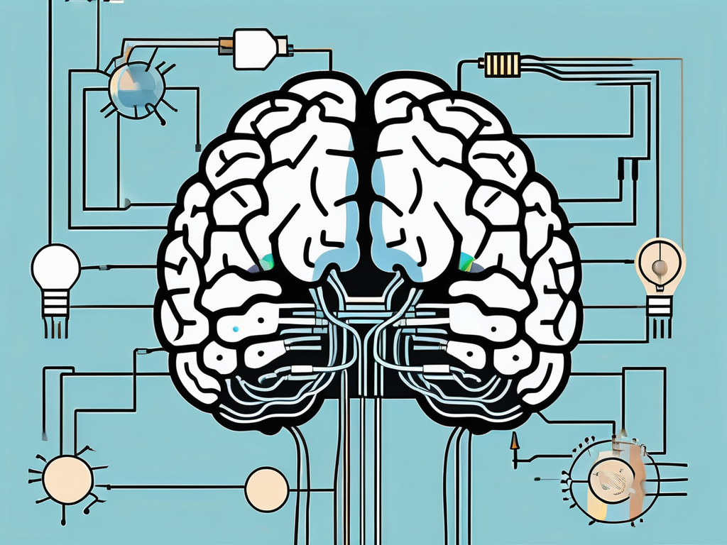 A human brain with various parts highlighted and electrical impulses flowing through it