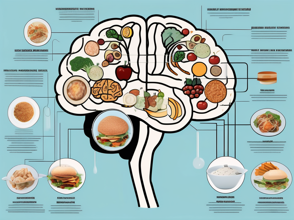 A brain with various sections highlighted and connected to images of food