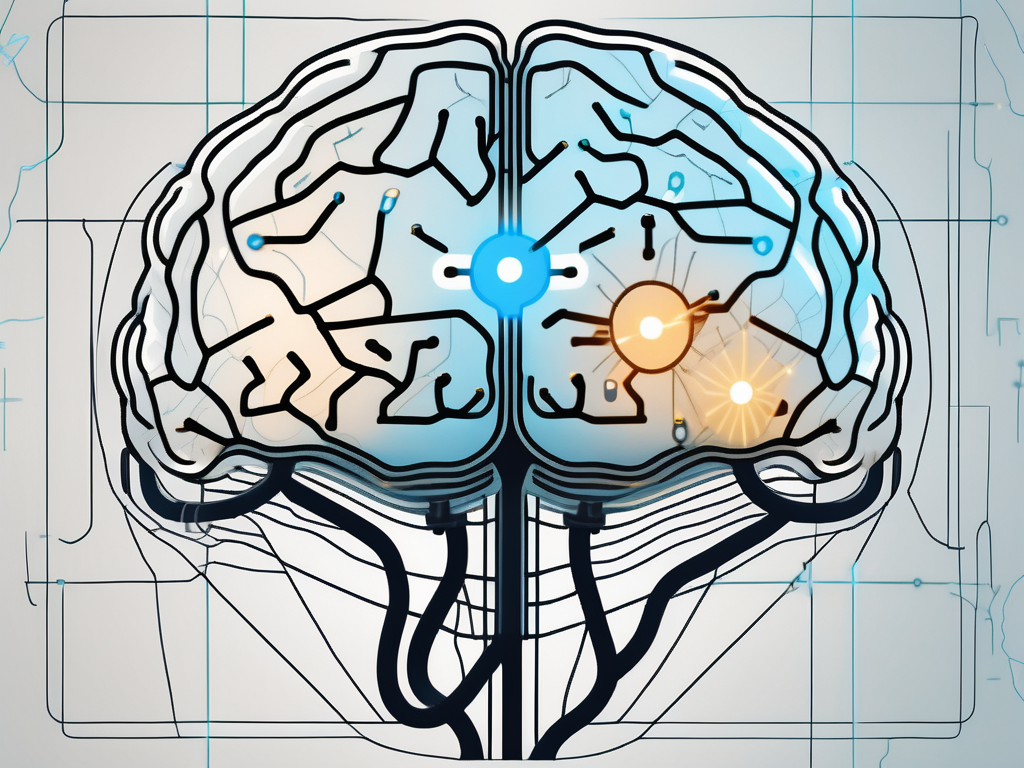 A stylized brain with various areas highlighted and connected by electric pulses