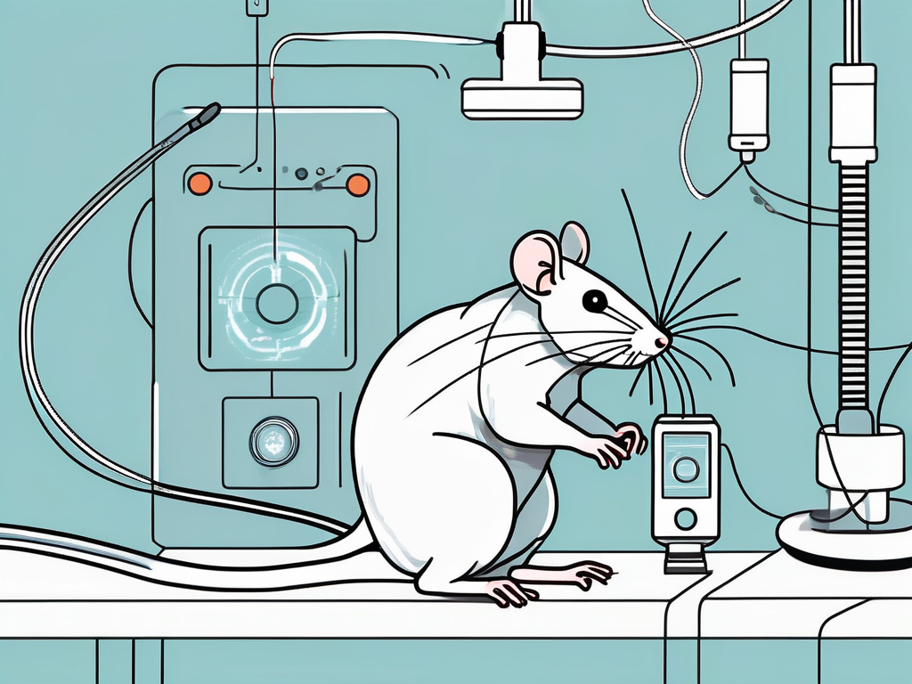 A rat in a controlled environment with a non-invasive brain stimulation device connected to its head