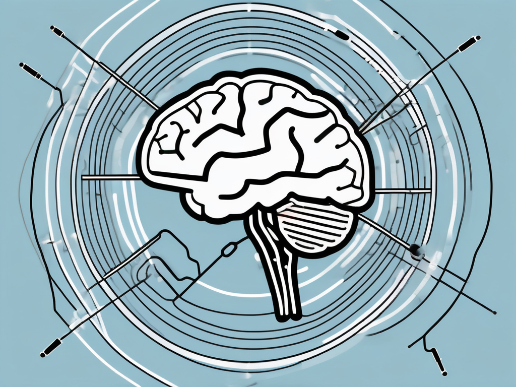 A human brain with various areas highlighted and connected to a small device via thin lines