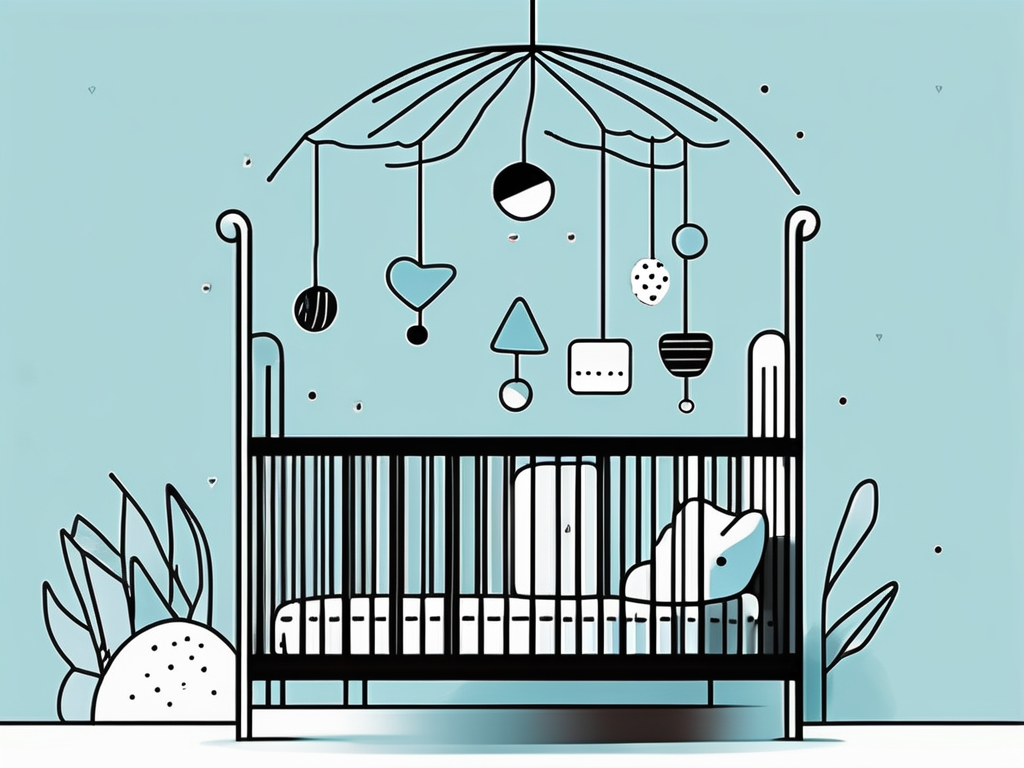 A colorful mobile with different shapes and textures hanging over a crib