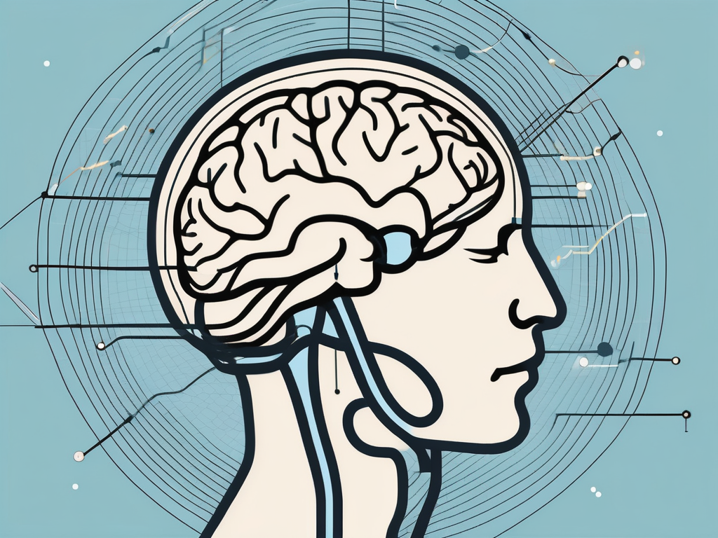 A human brain with various areas highlighted and electrical impulses symbolically represented