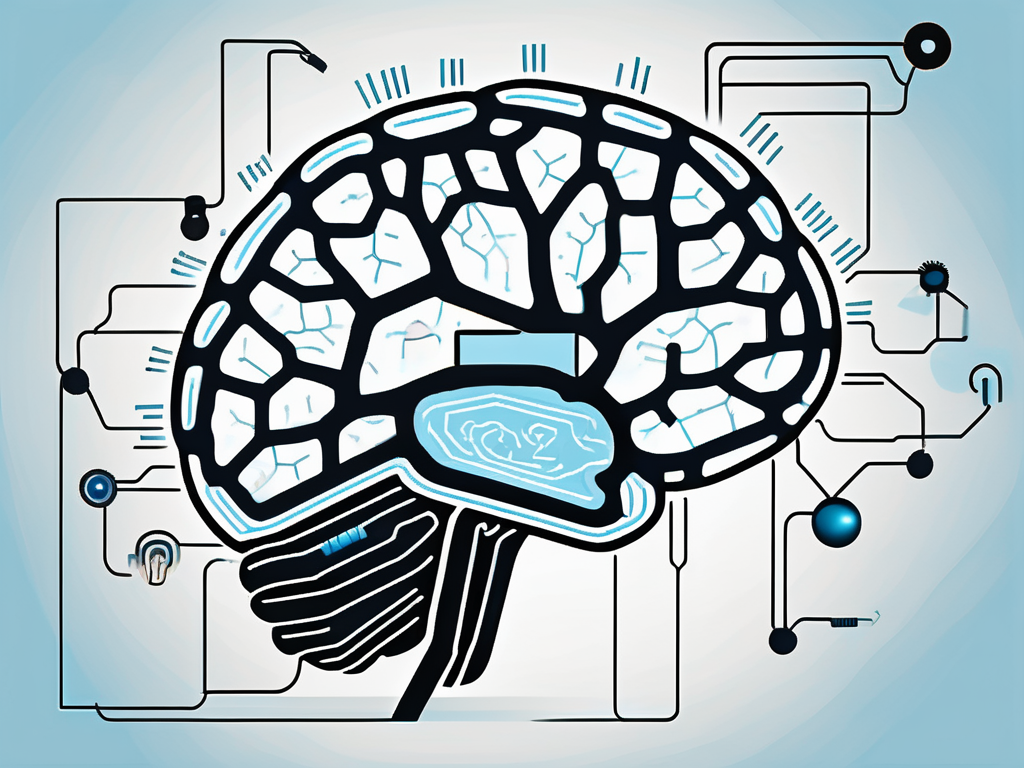 A brain with various areas highlighted and connected to a non-descriptive machine representing brain stimulation technology