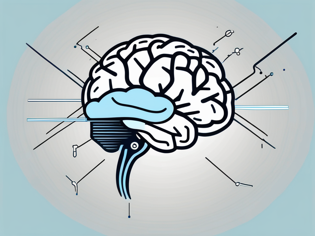 A brain with different areas highlighted and connected to a symbolic representation of a surgical instrument and a lightning bolt