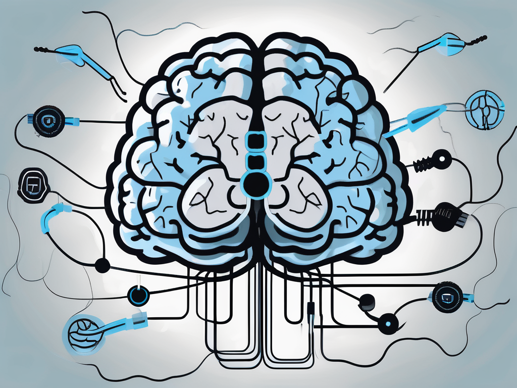 A brain with various parts highlighted and wires connected to it