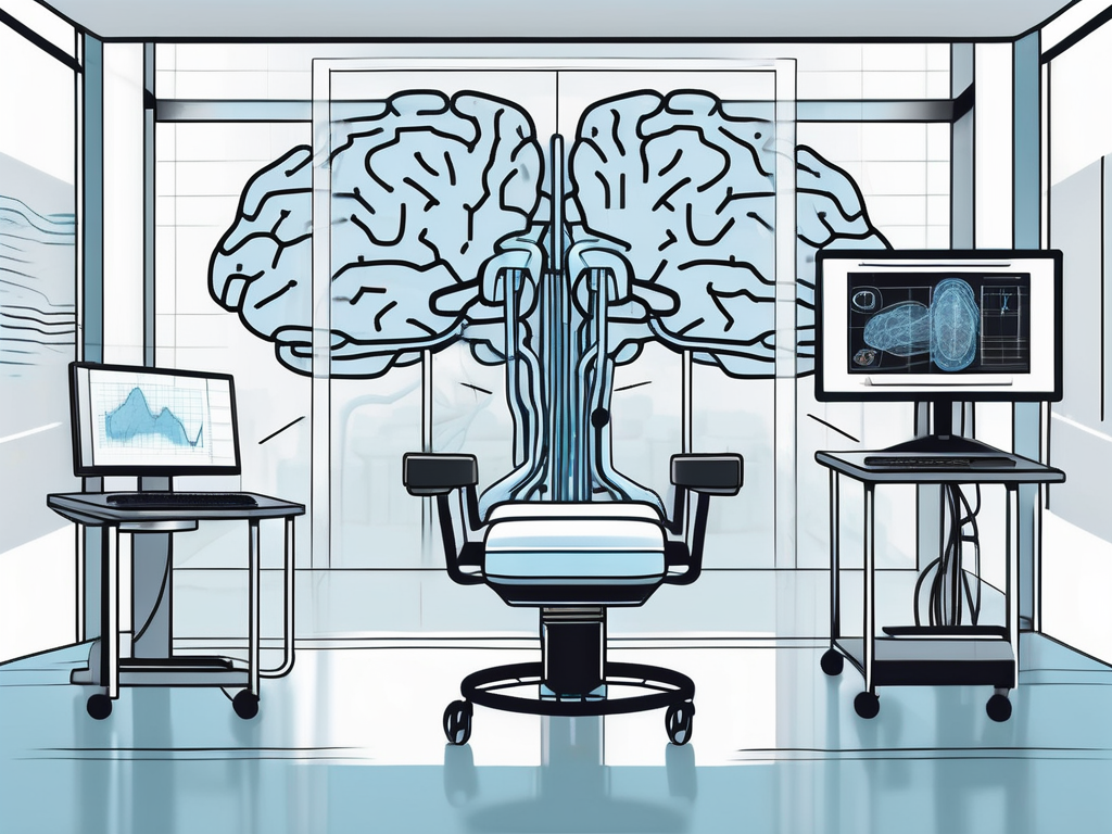 A modern medical facility with advanced equipment like brain scanners and monitors