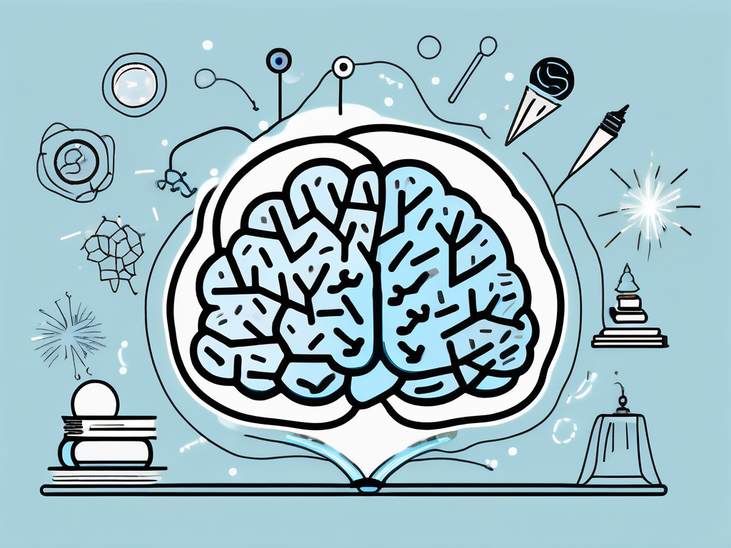 A child's brain with different areas highlighted and connected by sparks or waves to represent stimulation