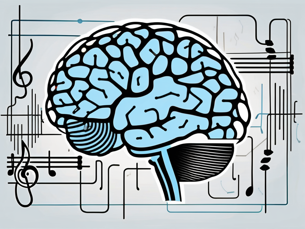 A brain with various sections highlighted and connected to musical notes and sound waves