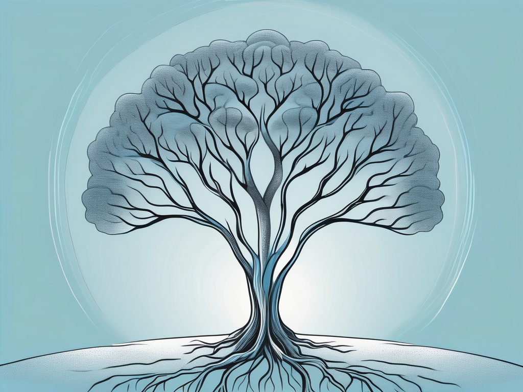 A serene landscape with a brain-shaped tree at the center