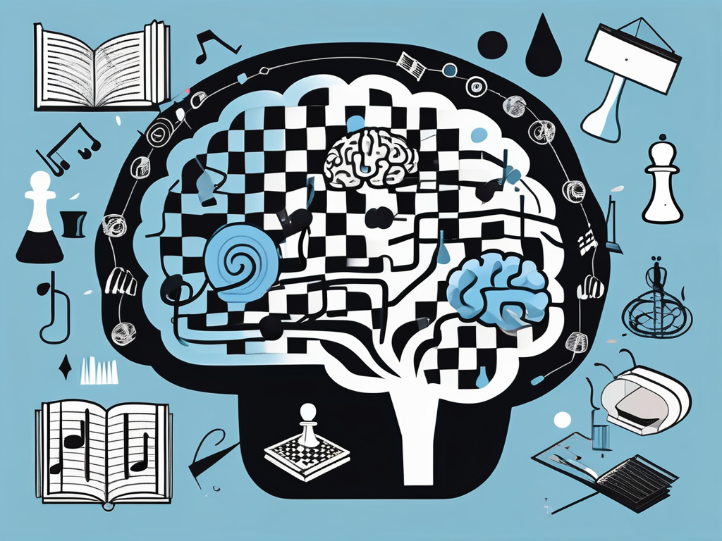 A brain surrounded by various symbols representing stimulation such as musical notes