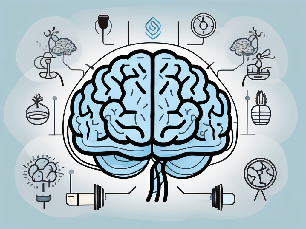 A brain with different areas highlighted and connected to symbols of healthy food and exercise equipment