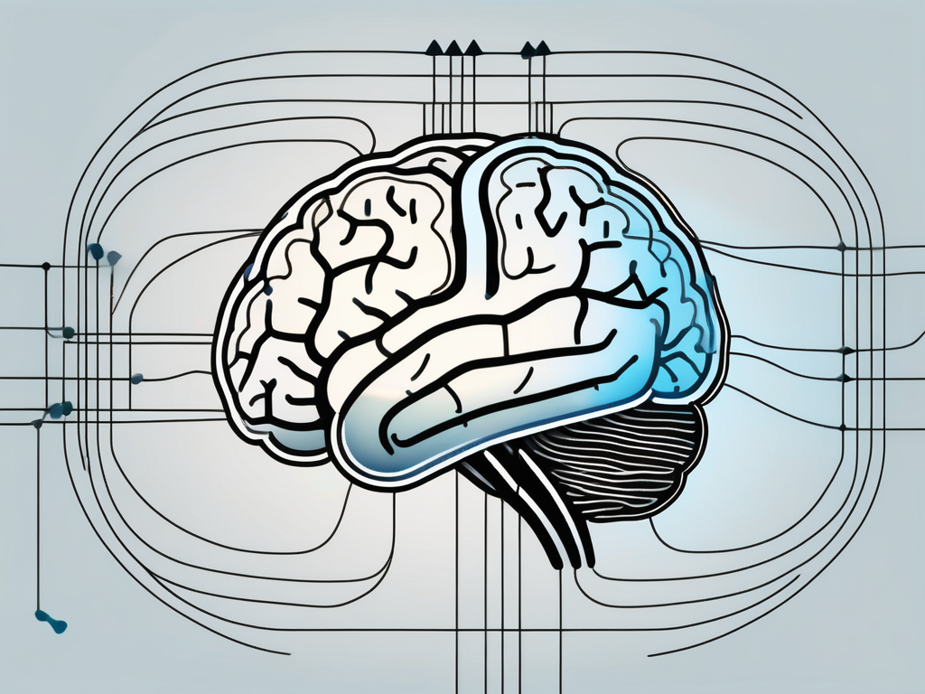 A brain with highlighted areas connected by electrical impulses