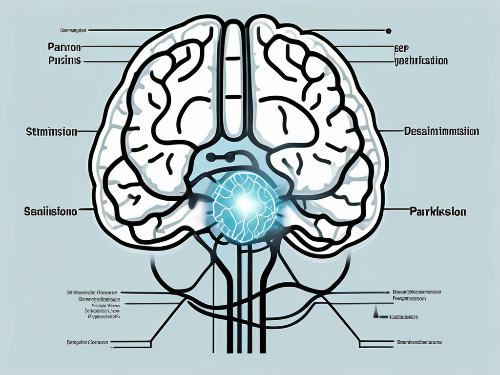 A human brain with highlighted areas representing the deep brain stimulation process