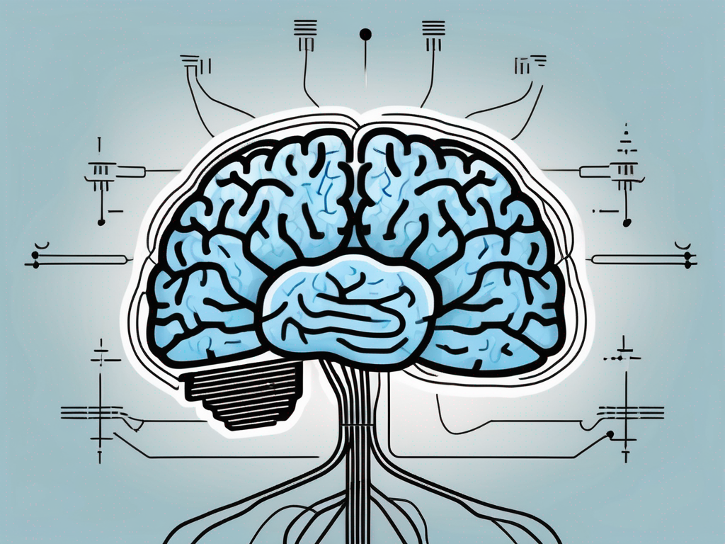 A brain with different sections highlighted and small electrical impulses symbolizing deep brain stimulation