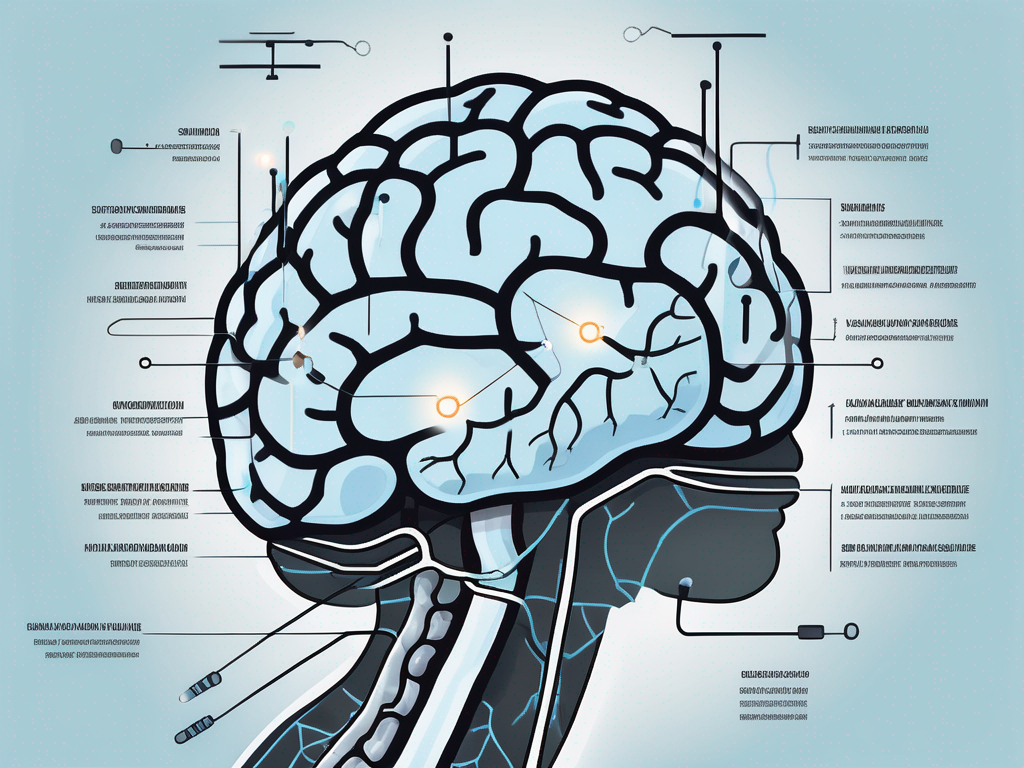 A brain with highlighted areas and a stylized representation of a deep brain stimulation device