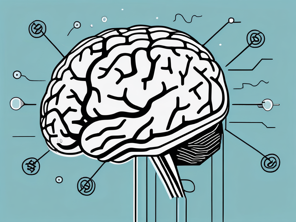 A brain connected to electrodes with dollar bills floating around