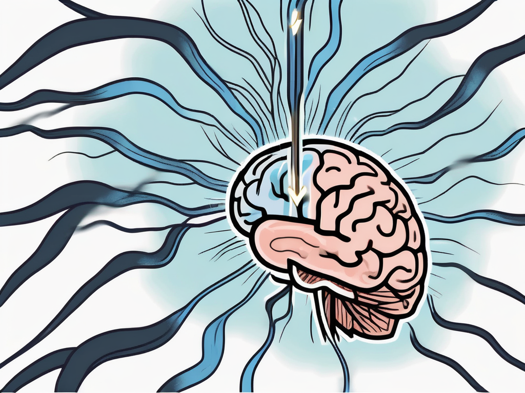 A brain cross-section highlighting the cortex area with a radial nerve depicted as a lightning bolt